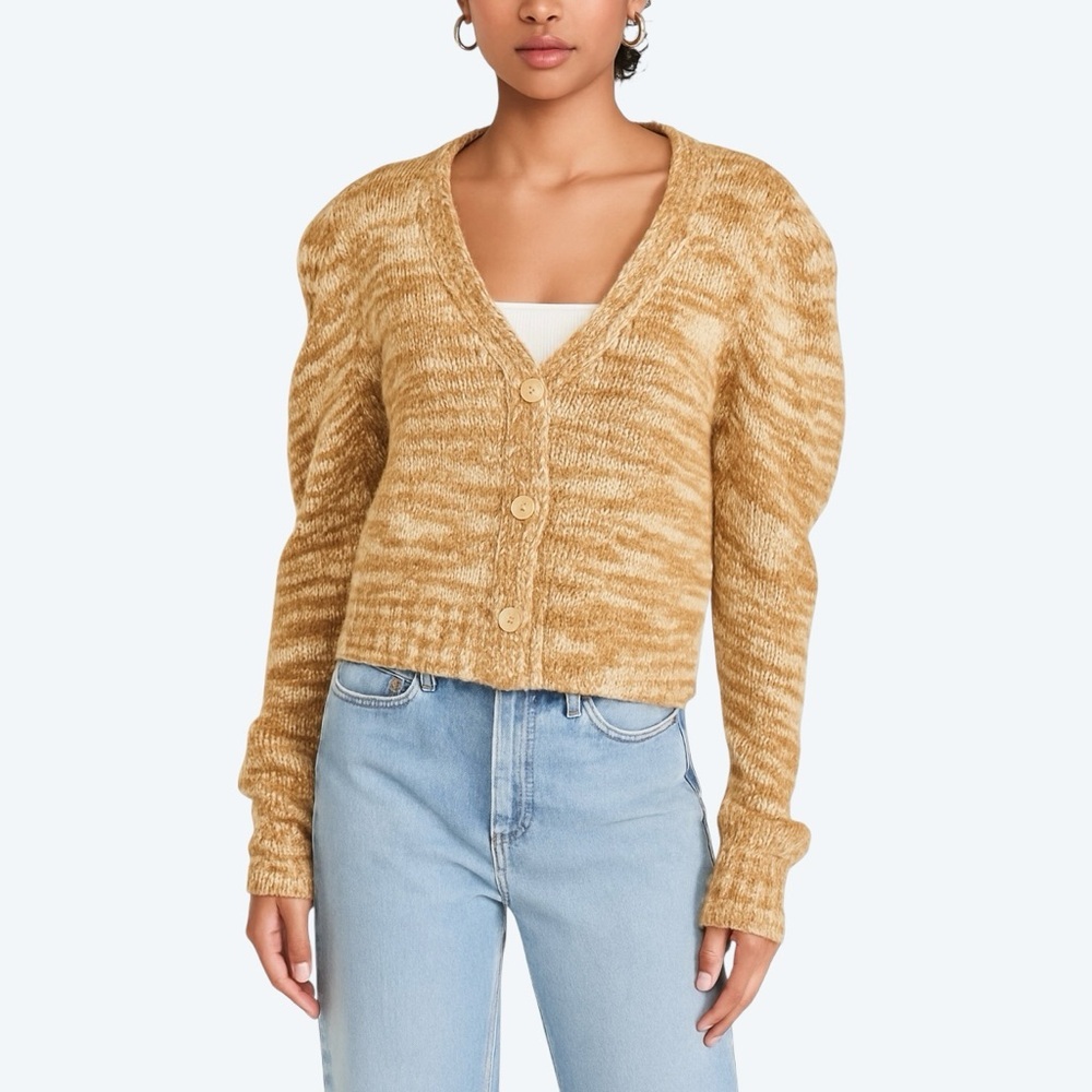 En Saison Golden Honey Marled Puff Sleeve Cropped Knit Cardigan Sweater Medium